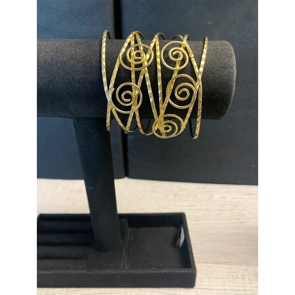Gold Tone Hammered Multi Layer Spiral Wire Cuff Bracelet Boho Statement